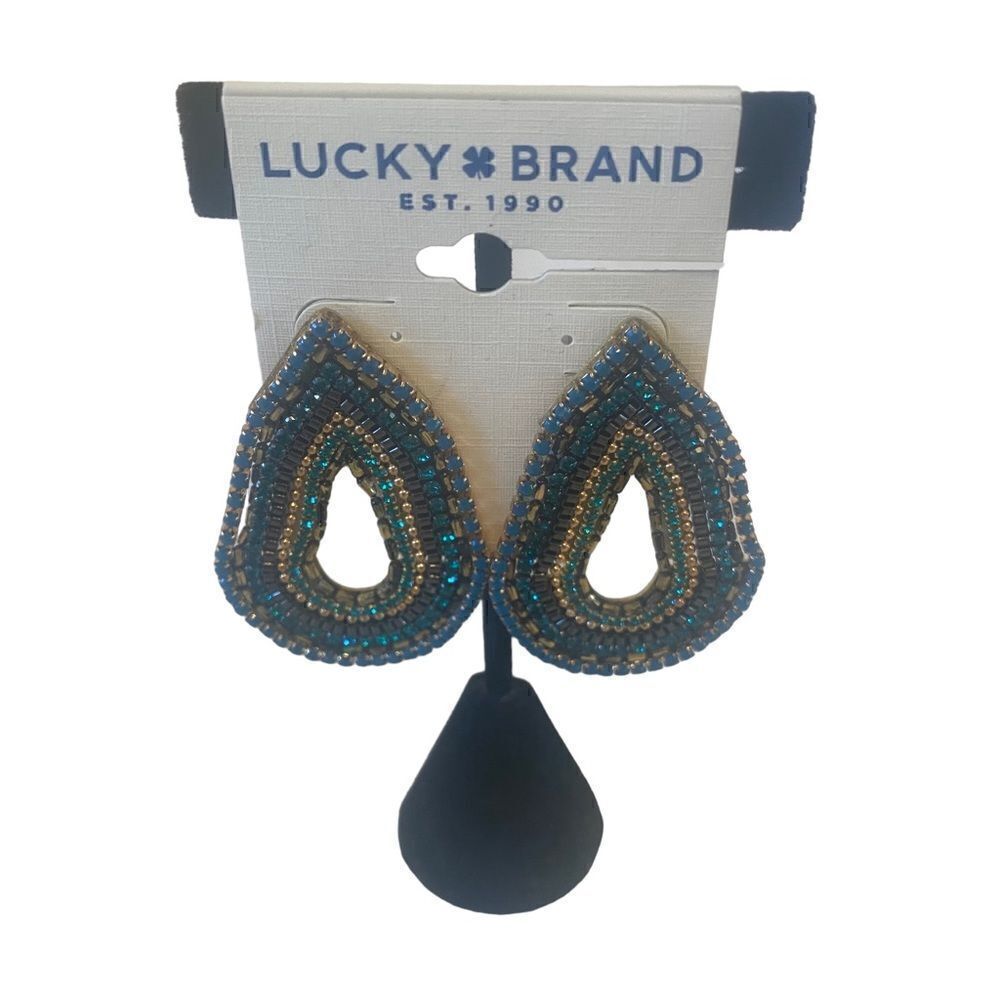 Green & Gold Beaded Teardrop Statement Earrings.
